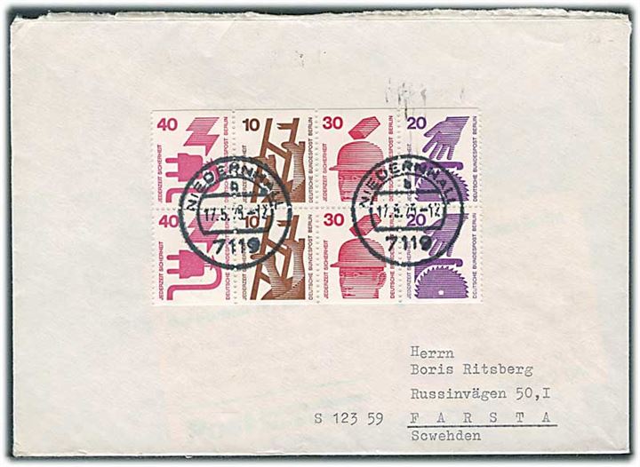 10 pfg., 20 pfg. og 40 pfg. i sammentrykt 8-blok på brev fra Niedernhall d. 17.5.1975 til Fasta, Sverige.