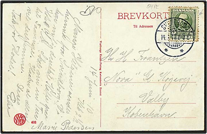 5 øre grøn Fr. VIII, eftergravering ved kongens hoved, på postkort fra Svendborg d. 14.6.1910 til København.