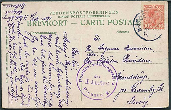 10 øre Chr. X (defekt) på brevkort fra Kjøge ca. 1918 til Brendstrup pr. Gramby St., Slesvig. Violet censurstempel fra Postüberwachungsstelle des IX Armee Korps Flensburg.