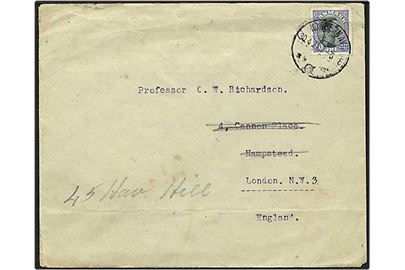 40 øre blålilla/grå singelfrankatur på brev fra København d. 30.4.1920 til London, England.