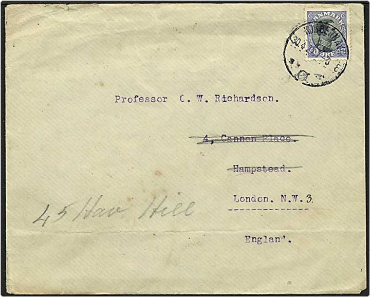 40 øre blålilla/grå singelfrankatur på brev fra København d. 30.4.1920 til London, England.