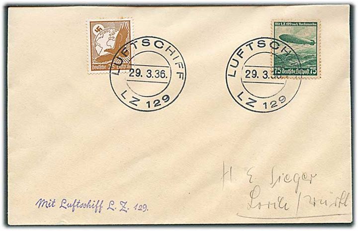 75 pfg. Zeppelin og 25 pfg. Luftpost på brev annulleret med bordstempel Luftschiff LZ 129 d. 29.3.1936 til Lörrach