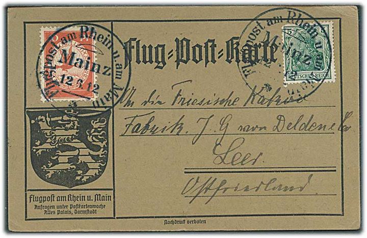5 pfg. Germania og 10 pfg. Flugpost am Rhein und Main på officielt flyvningskort stemplet Flugpost am Rhein u. am Main Mainz d. 12.6.1912 til Leer.
