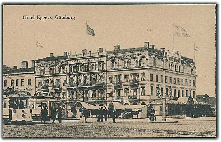 Hotel Eggers i Göteborg, Sverige. Sporvogne ses til venstre. Nr. 3. Joh. Ol. Andreens u/no. 