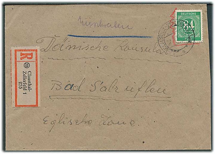 84 pfg. Ciffer single på anbefalet brev fra Clausthal-Zellerfeld d. 27.8.1947 til Bad Salzuflen.
