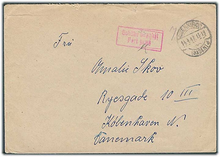 Fransk zone. Ufrankeret brev med rammestempel Gebühr bezahlt / Port payé fra Oberkirsch d. 14.4.1947 til København, Danmark.