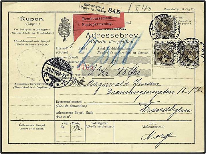 25 øre sepiabrun på adressebrev fra København d. 24.11.1910 til Trondhjem, Norge.