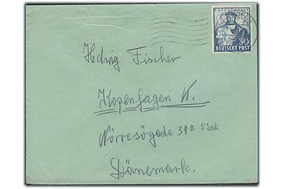30 pfg. Hannover Exportmesse single på brev fra Kiel 1949 til København, Danmark.