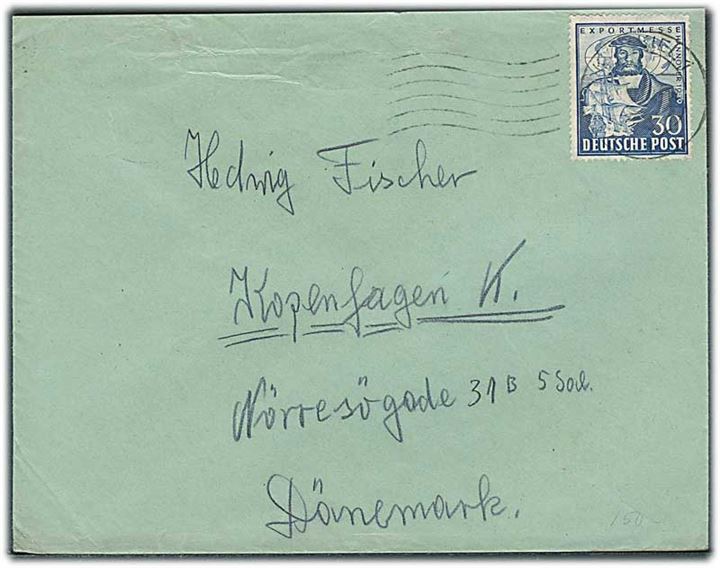 30 pfg. Hannover Exportmesse single på brev fra Kiel 1949 til København, Danmark.