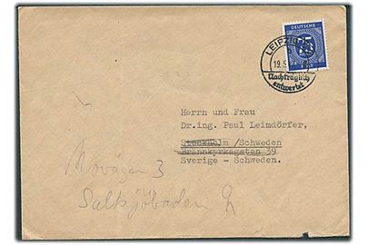 75 pfg. Ciffer single på brev fra Leipzig d. 19.5.1947 til Stockholm, Sverige - eftersendt.