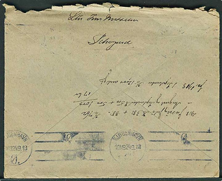 5 øre Chr. X på kurerpost brev fra Petrograd stemplet Kjøbenhavn d. 23.9.1918 og sendt lokalt i København. Mærke med skader. Flosset i overkanten.