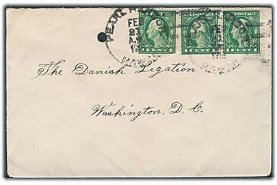 1 cent Washington i 3-stribe på brev stemplet Pearl Harbor Hawaii d. 21.2.1918 til danske legation i Washington. Fra dansker ombord på USS Monterey, Honolulu, Hawaii. Arkivhul.