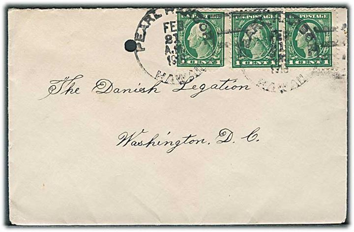 1 cent Washington i 3-stribe på brev stemplet Pearl Harbor Hawaii d. 21.2.1918 til danske legation i Washington. Fra dansker ombord på USS Monterey, Honolulu, Hawaii. Arkivhul.