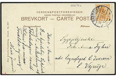 7 øre orange Chr. X, hage på E, på postkort fra Gjørding d. 14.3.1919 til Vejrup.