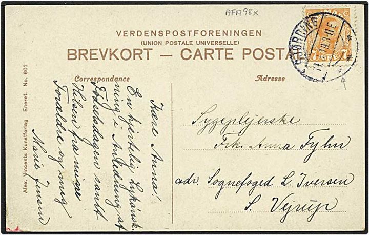 7 øre orange Chr. X, hage på E, på postkort fra Gjørding d. 14.3.1919 til Vejrup.
