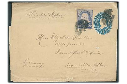 1 cent helsags korsbånd opfrankeret med 1 cent Franklin og sendt som tryksag til Frankfurt, Tyskland. Påskrevet: No written letter inside.