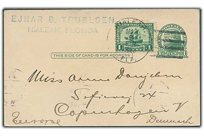 1 cent helsagsbrevkort opfrankeret med 1 cent Mayflower fra Hialeah d. 9.3.1922 til København, Danmark.