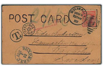 2 cents Washington på underfrankeret læder-postkort fra Wolina Ill. d. 18.1.1907 til Waxholm, Sverige. Udtakseret i 24 öre svensk porto.