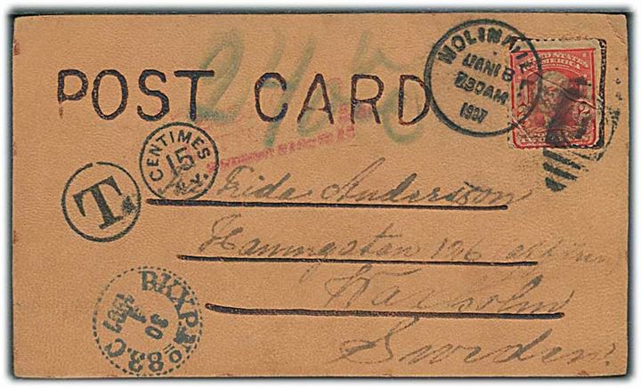 2 cents Washington på underfrankeret læder-postkort fra Wolina Ill. d. 18.1.1907 til Waxholm, Sverige. Udtakseret i 24 öre svensk porto.