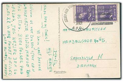 3 cents Jefferson i parstykke på brevkort fra Tyskland annulleret med amerikansk feltpost stempel Army-Air Force Postal Service A.P.O. i 1952 til København, Danmark.