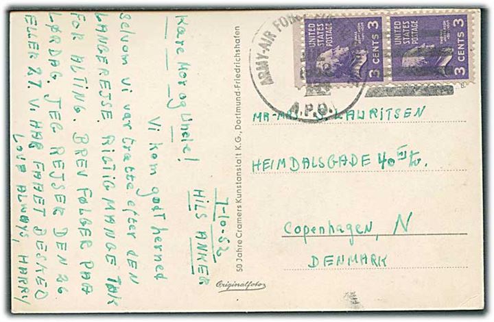 3 cents Jefferson i parstykke på brevkort fra Tyskland annulleret med amerikansk feltpost stempel Army-Air Force Postal Service A.P.O. i 1952 til København, Danmark.