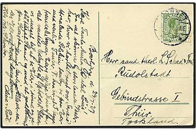 25 øre grøn Chr. X på postkort fra Bonnet d. 29.7.1927 til Thür, Tyskland. Mærket med perfin D07.