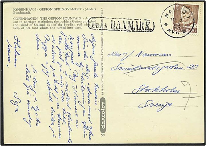 20 øre brun Fr. IX på postkort stemplet Malmö, Sverige, d. 10.3.1955 til Stockholm. Kortet med skibsstempler Från Danmark. 