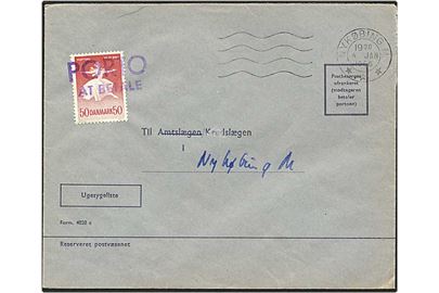 50 øre rød balletdanser på lokalt brev fra Nykøbing M. d. 4.1.1966. Mærket stemplet Porto at betale.