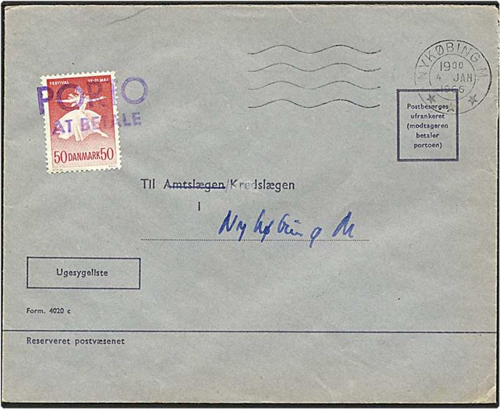 50 øre rød balletdanser på lokalt brev fra Nykøbing M. d. 4.1.1966. Mærket stemplet Porto at betale.
