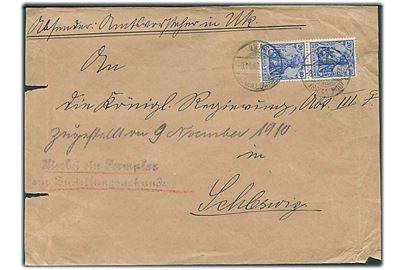 20 pfg. Germania i parstykke på brev stemplet UK (Schleswig) d. 8.11.1910 til Schleswig. Violet stempel: Hierbei ein Formular / ein Zustellungsurkunde. Revet i venstre side.