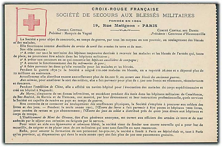 Fransk Røde Kors. Hjælpeforeningen for sårede soldater. Antagelig bagside fra postkort hæfte. 