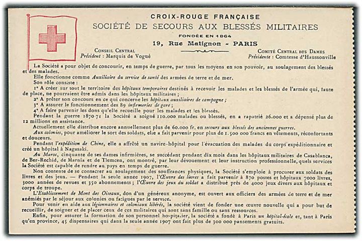 Fransk Røde Kors. Hjælpeforeningen for sårede soldater. Antagelig bagside fra postkort hæfte. 