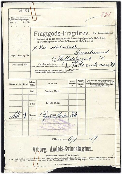 DSB 10 øre (2) og 50 øre Fragtmærker annulleret med ovalt stempel Viborg Godseksp. * D.S.B. d. 6.1.1919 på Fragtgods-Fragtbrev til København.