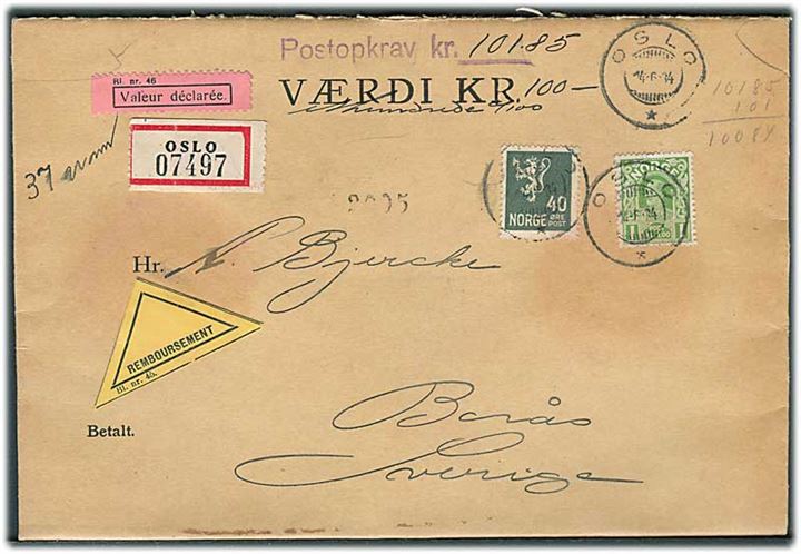 40 øre Løve og 1 kr. Haakon på værdibrev med opkrævning fra Oslo d. 14.6.1934 til Borås, Sverige.