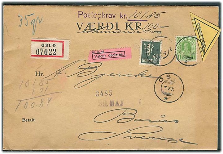 40 øre Løve og 1 kr. Haakon på værdibrev med opkrævning fra Oslo d. 18.5.1934 til Borås, Sverige.