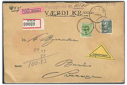 40 øre Løve og 1 kr. Haakon på værdibrev med opkrævning fra Oslo d. 17.7.1934 til Borås, Sverige.