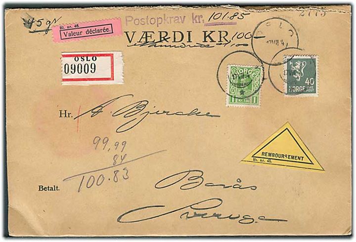 40 øre Løve og 1 kr. Haakon på værdibrev med opkrævning fra Oslo d. 17.7.1934 til Borås, Sverige.