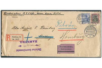20 pfg. og 40 pfg. Germania på anbefalet brev med opkrævning fra danske generalkonsulat i Hamburg d. 10.8.1904 til Aalborg, Danmark. Retur med 2-sproget etiket: Ikke afhentet.