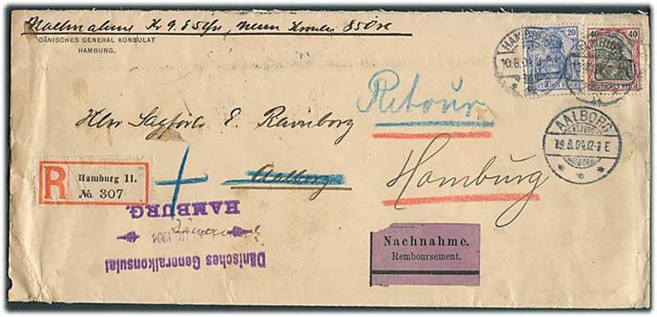 20 pfg. og 40 pfg. Germania på anbefalet brev med opkrævning fra danske generalkonsulat i Hamburg d. 10.8.1904 til Aalborg, Danmark. Retur med 2-sproget etiket: Ikke afhentet.