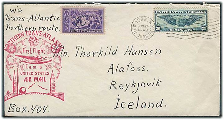 3 cents Baseball og 30 cents Winged Globe på 1. flyvningsbrev med 1. Nordatlantiske Clipper fra New York d. 24.6.1939 til Reykjavik, Island. Rødt flyvningsstempel.