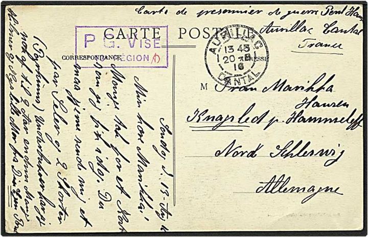 Krigsfange kort fra dansk sønderjyde i tysk tjeneste fra Aurillac, Frankrig, d. 13.5.1916 til Hammelev.