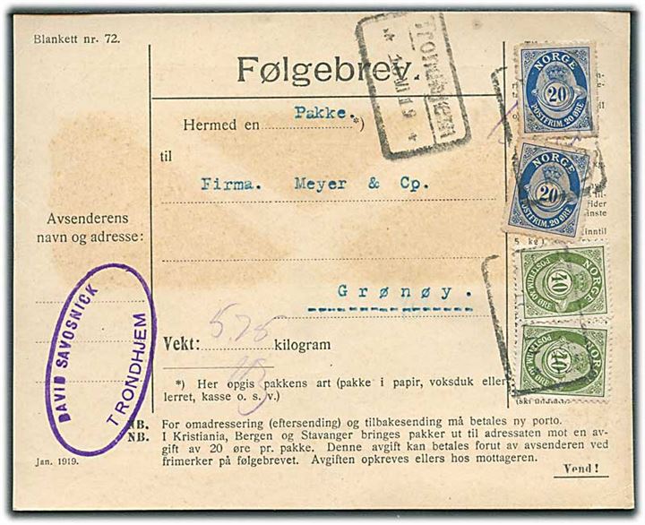 20 øre (2) og 40 øre (2) Posthorn på adressekort for pakke fra Trondheim d. 16.7.1919 til Grønøy.
