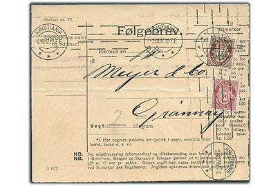 15 øre og 50 øre Posthorn på adressekort for pakke fra Kristiania d. 2.8.1917 til Grønøy.