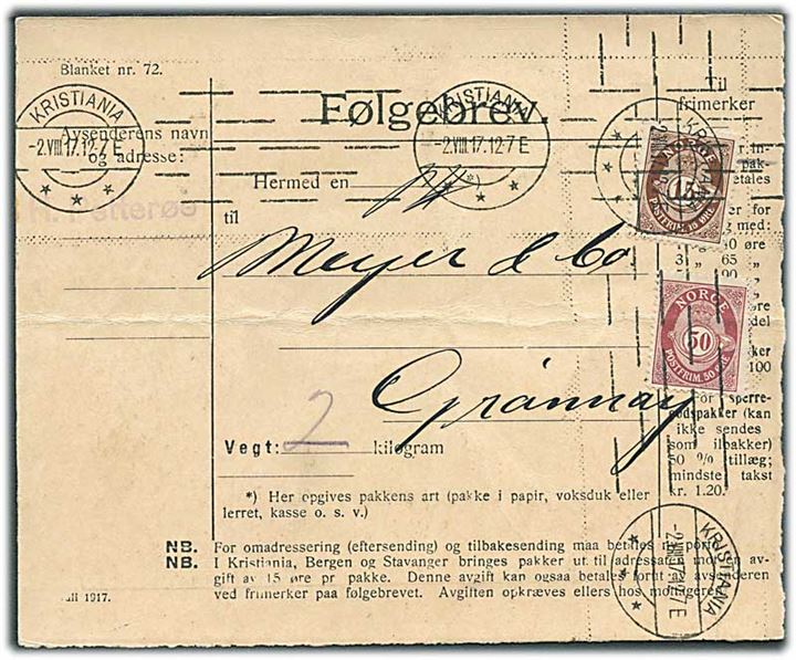 15 øre og 50 øre Posthorn på adressekort for pakke fra Kristiania d. 2.8.1917 til Grønøy.