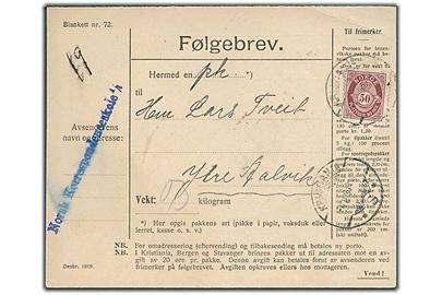 50 øre Posthorn på adressekort fra Kristiania d. 4.2.1920 til Grønøy.