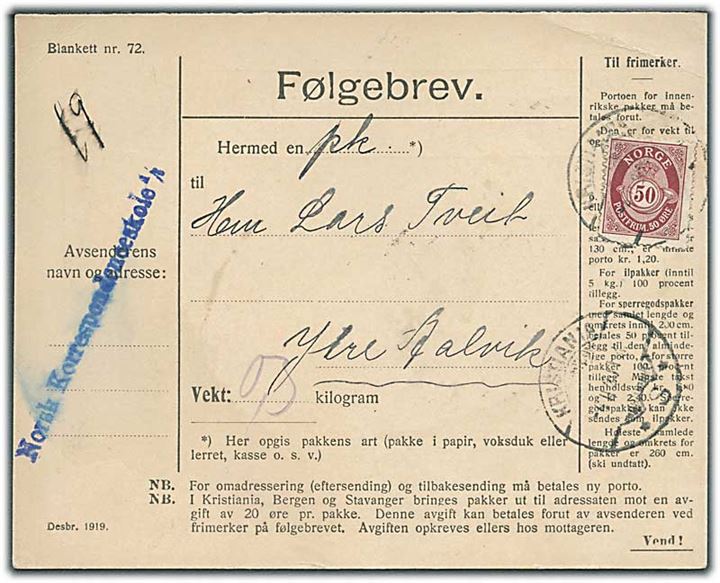 50 øre Posthorn på adressekort fra Kristiania d. 4.2.1920 til Grønøy.