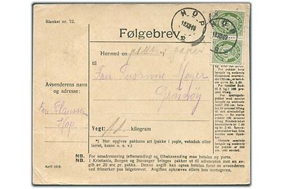 40 øre Posthorn i parstykke på adressekort fra Hop d. 18.12.1918 til Grønøy.