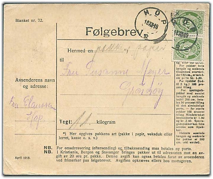 40 øre Posthorn i parstykke på adressekort fra Hop d. 18.12.1918 til Grønøy.