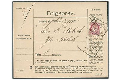 50 øre Posthorn på adressekort for pakke fra Bergen d. 2.2.1920 til aalvik.