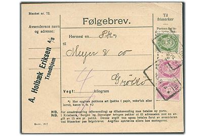 25 øre (2) og 40 øre Posthorn på adressekort for pakke fra Trondheim d. 5.4.1918 til Grønøy.